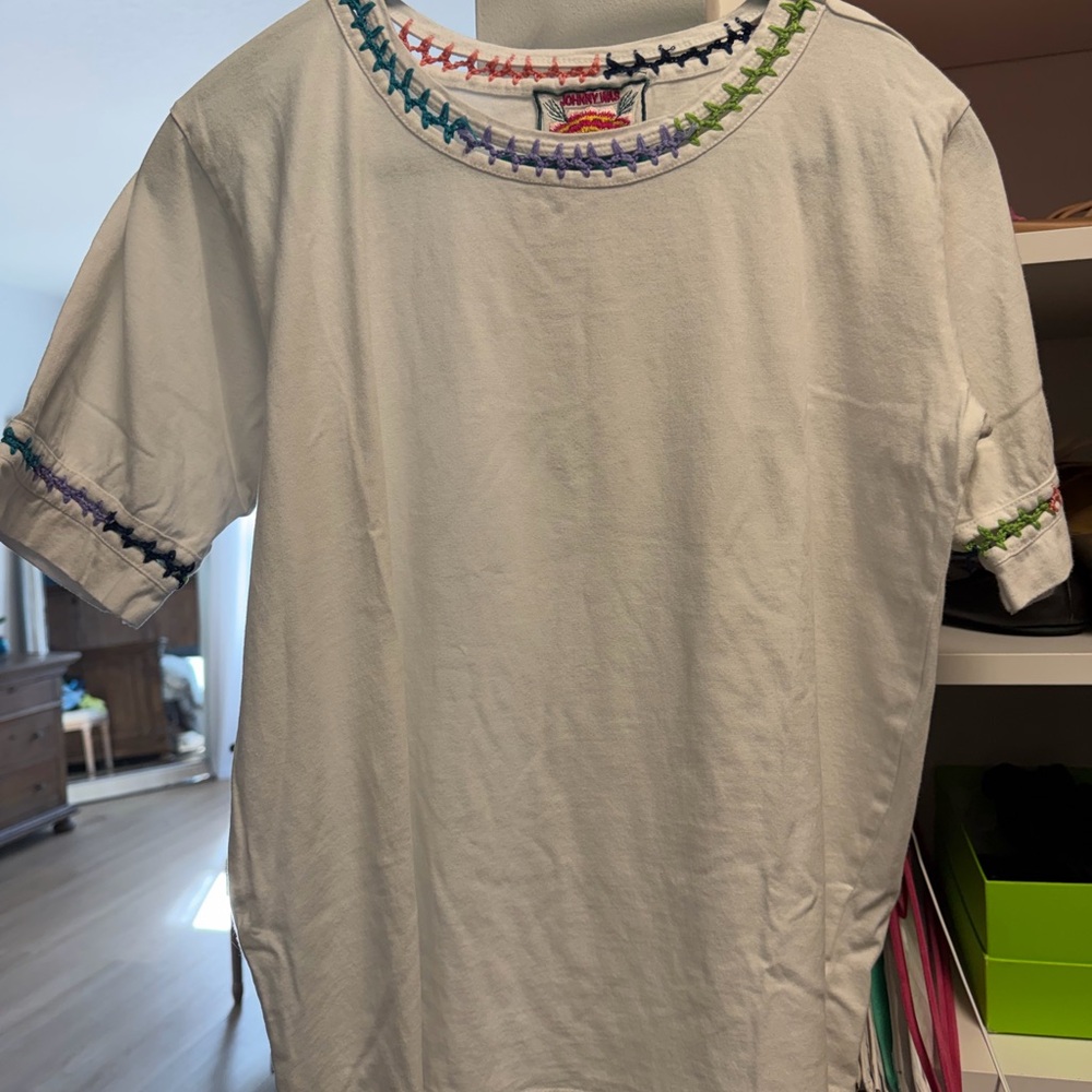 Johnny Was Crochet Crew Neck Tee with multicolor stitching